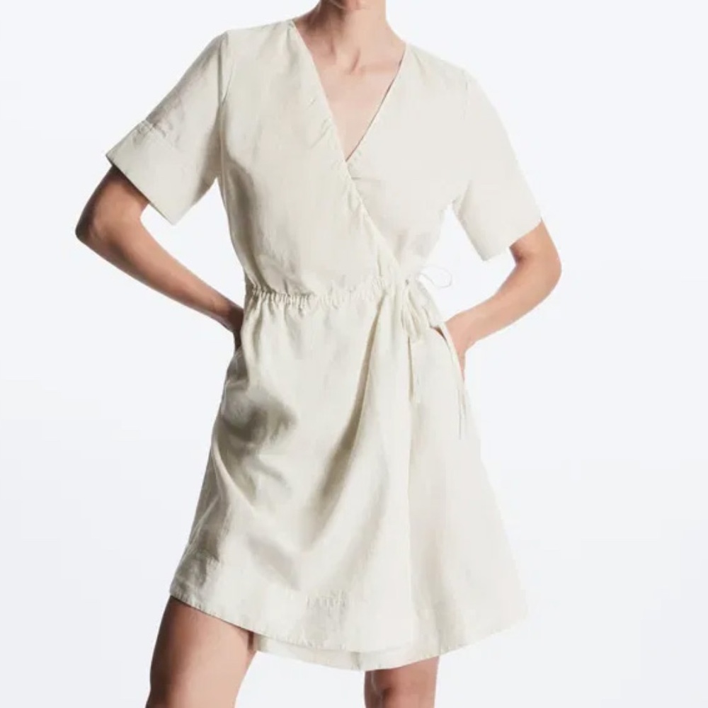 COS Cream Wrap-Style Short Sleeve Dress